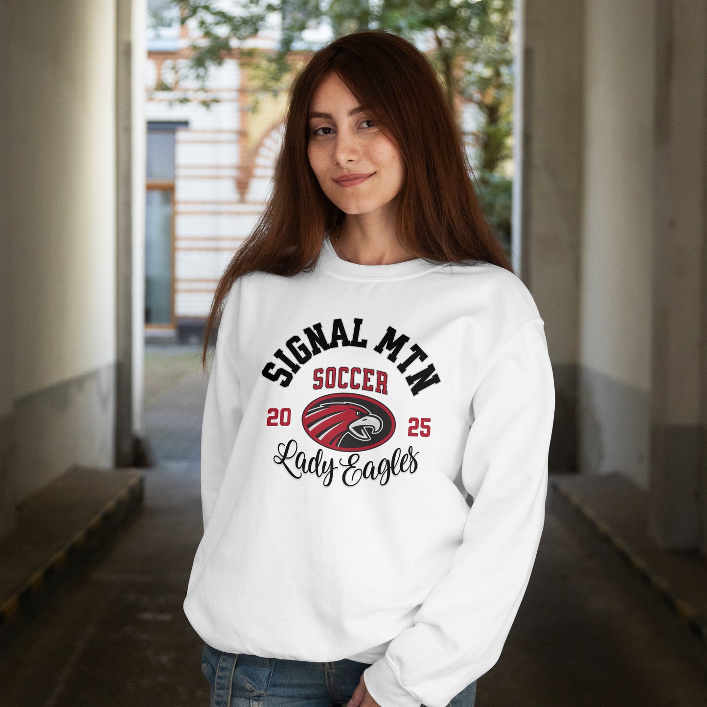 Crewneck Sweatshirt | Eagle Emblem | SMHS Soccer | Item #129839 | Offered in Red, Black & White