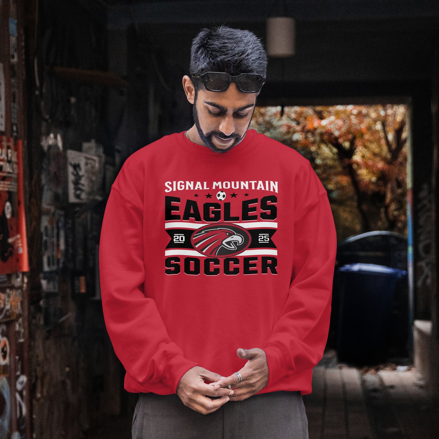 Crewneck Sweatshirt | Eagle Banner | SMHS Soccer | Item #129839 | Offered in Red, Black & White
