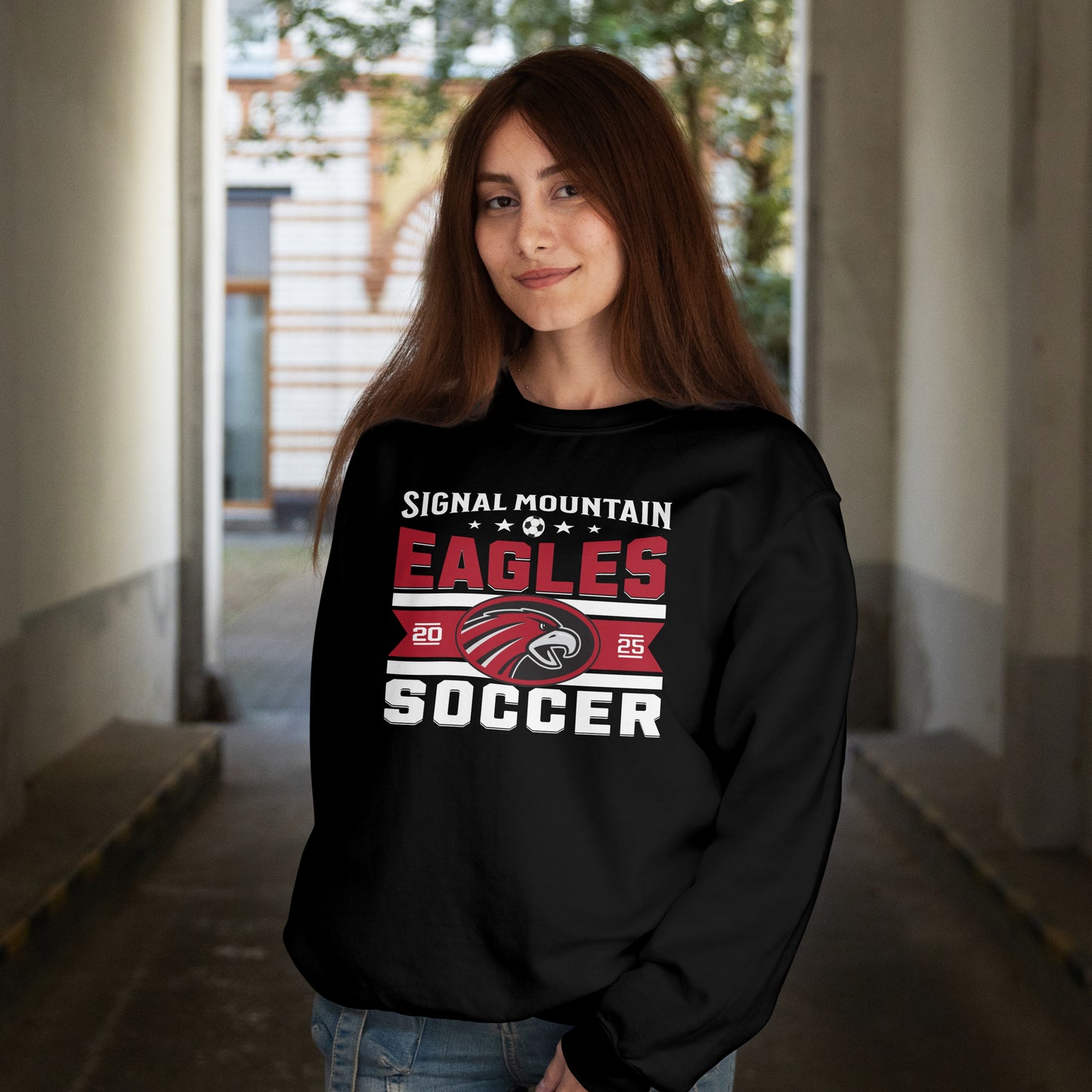 Crewneck Sweatshirt | Eagle Banner | SMHS Soccer | Item #129839 | Offered in Red, Black & White