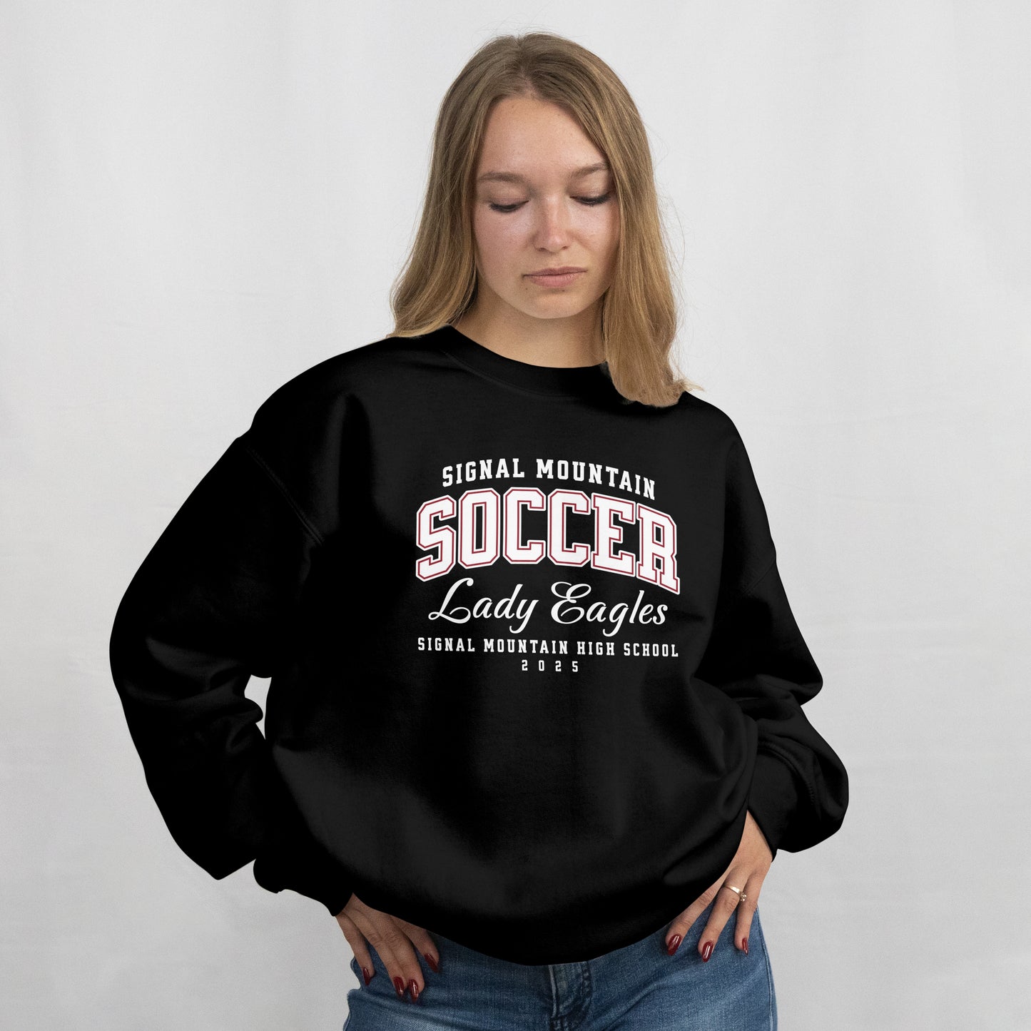 Crewneck Sweatshirt  |  Lady Eagles | SMHS Soccer | Item #129934 | Offered in Red, Black & White