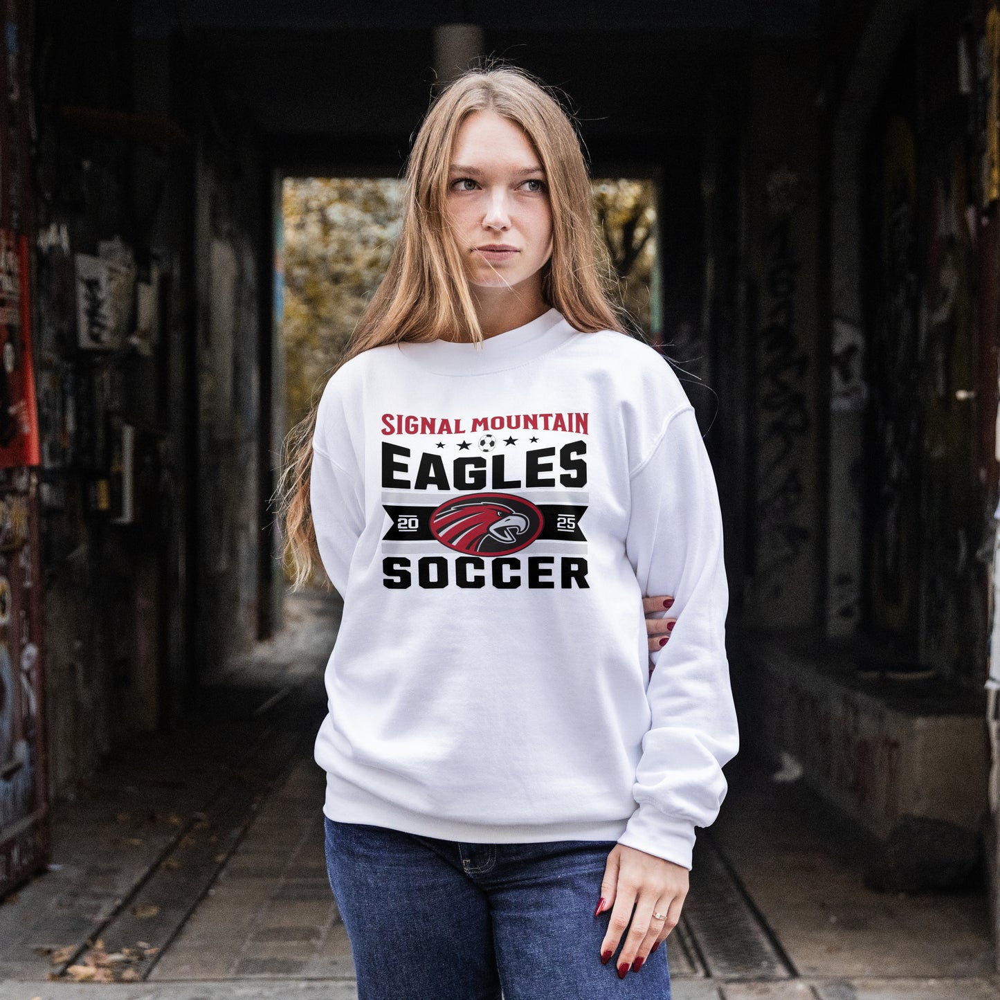 Crewneck Sweatshirt  |  Eagle Banner | SMHS Soccer | Item #129839 | Offered in Red, Black & White